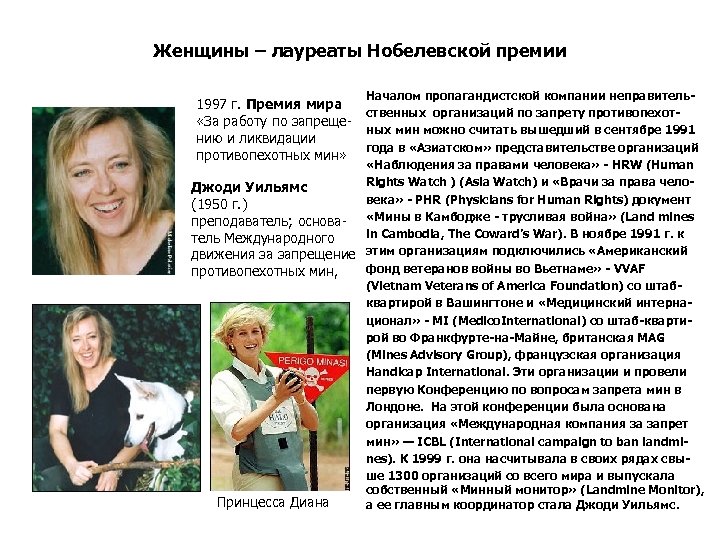 Женщины – лауреаты Нобелевской премии Началом пропагандистской компании неправительственных организаций по запрету противопехотных мин