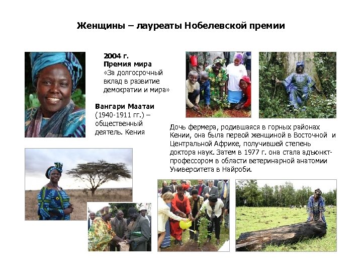 Женщины – лауреаты Нобелевской премии 2004 г. Премия мира «За долгосрочный вклад в развитие