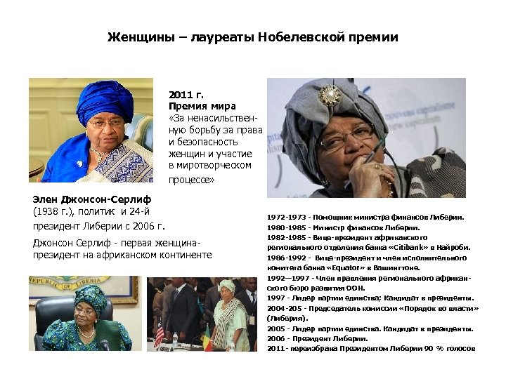 Женщины – лауреаты Нобелевской премии 2011 г. Премия мира «За ненасильствен- ную борьбу за