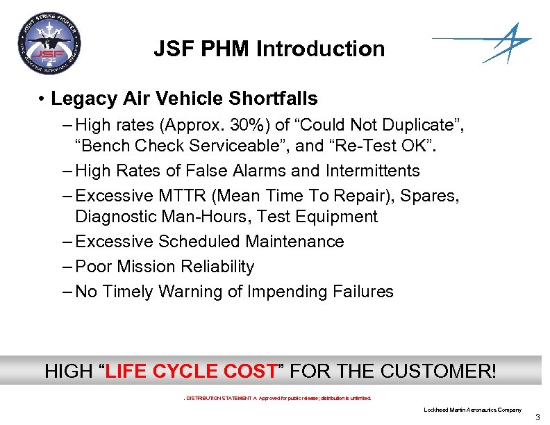 JSF PHM Introduction • Legacy Air Vehicle Shortfalls – High rates (Approx. 30%) of