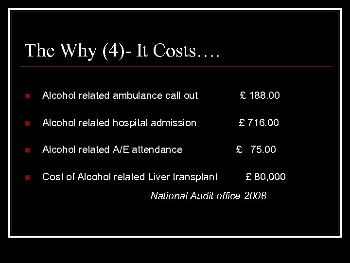 The Why (4)- It Costs…. n Alcohol related ambulance call out £ 188. 00