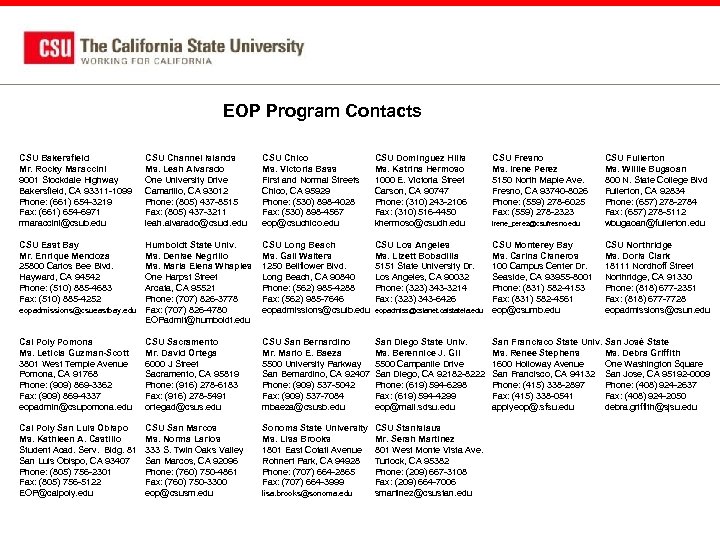 EOP Program Contacts CSU Bakersfield Mr. Rocky Maraccini 9001 Stockdale Highway Bakersfield, CA 93311