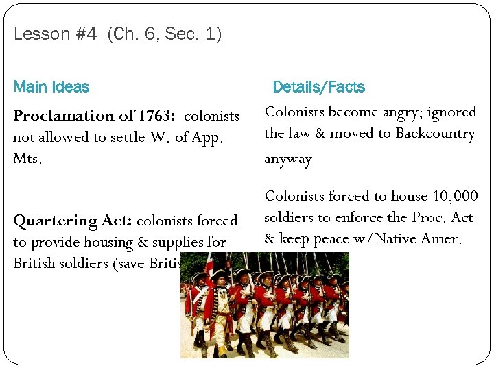 Lesson #4 (Ch. 6, Sec. 1) Main Ideas Proclamation of 1763: colonists not allowed