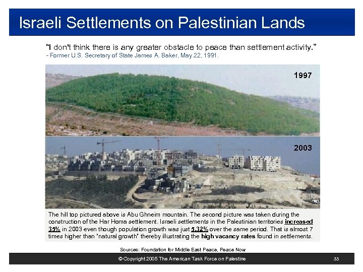 Israeli Settlements on Palestinian Lands “I don't think there is any greater obstacle to