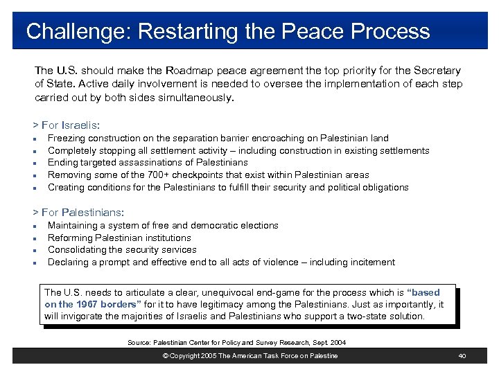 Challenge: Restarting the Peace Process The U. S. should make the Roadmap peace agreement