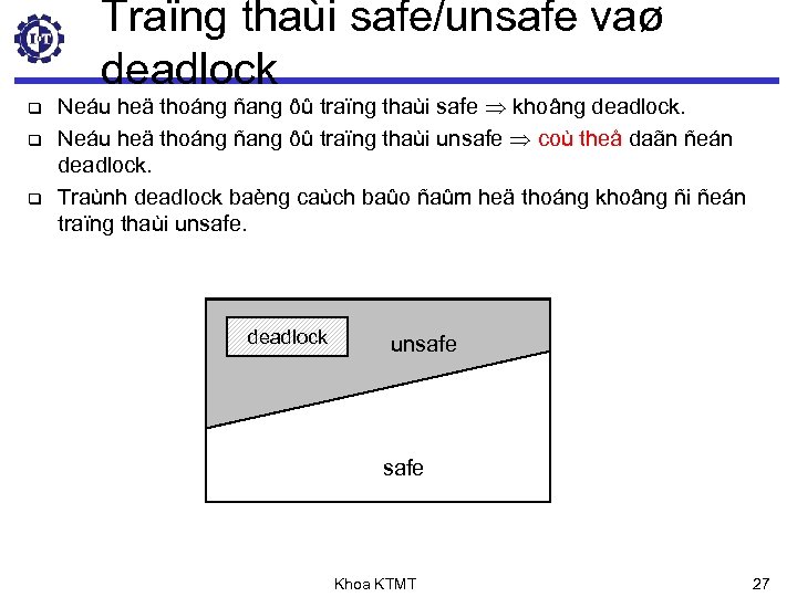 Traïng thaùi safe/unsafe vaø deadlock q q q Neáu heä thoáng ñang ôû traïng