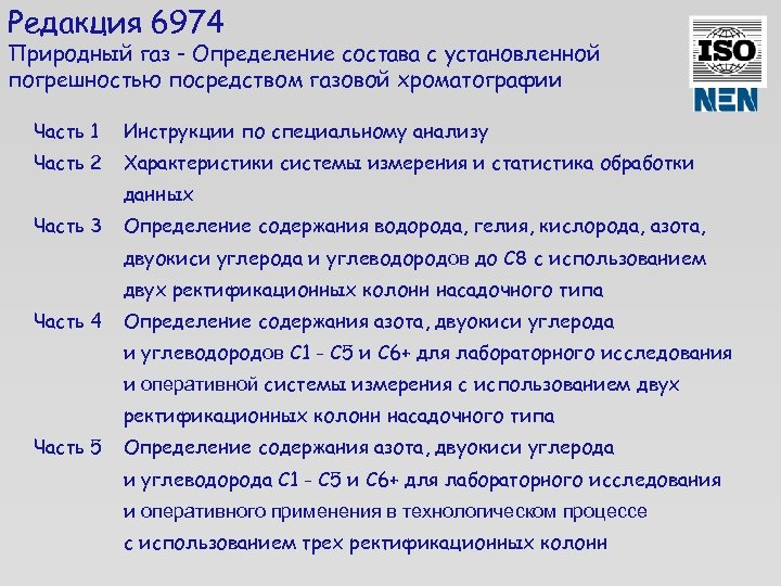 Редакция 6974 Природный газ - Определение состава с установленной погрешностью посредством газовой хроматографии Часть