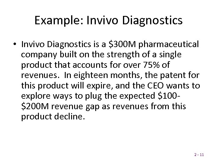 Example: Invivo Diagnostics • Invivo Diagnostics is a $300 M pharmaceutical company built on