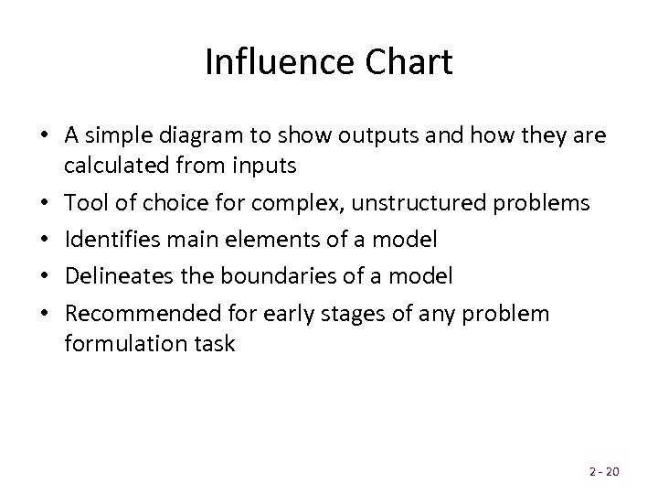 Influence Chart • A simple diagram to show outputs and how they are calculated