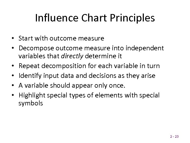 Influence Chart Principles • Start with outcome measure • Decompose outcome measure into independent