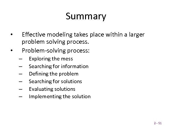 Summary • • Effective modeling takes place within a larger problem solving process. Problem-solving