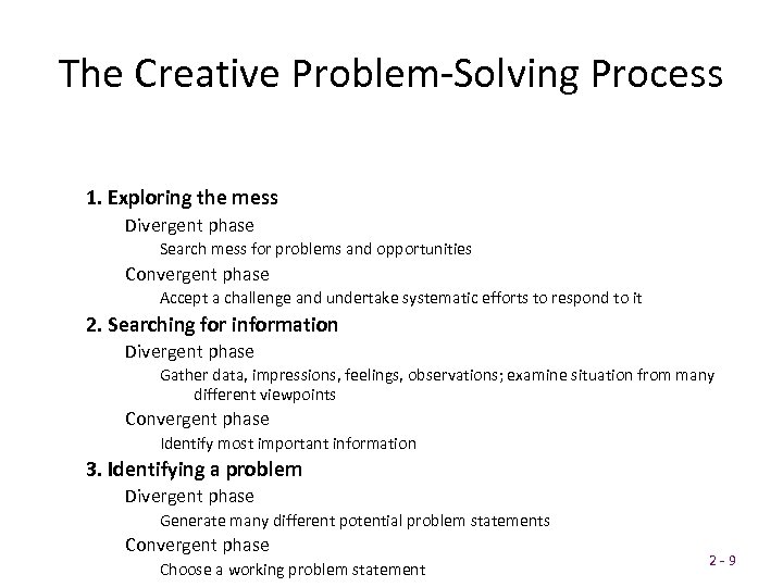 The Creative Problem-Solving Process 1. Exploring the mess Divergent phase Search mess for problems