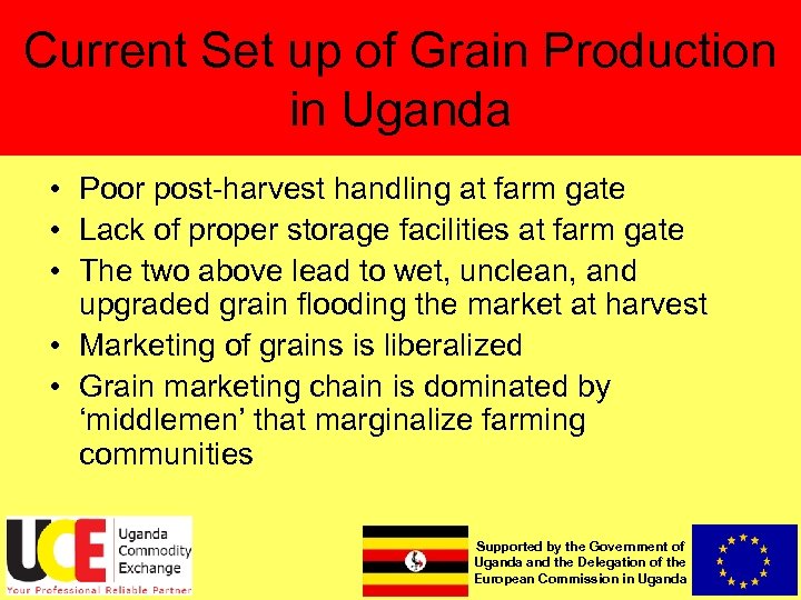 Current Set up of Grain Production in Uganda • Poor post-harvest handling at farm