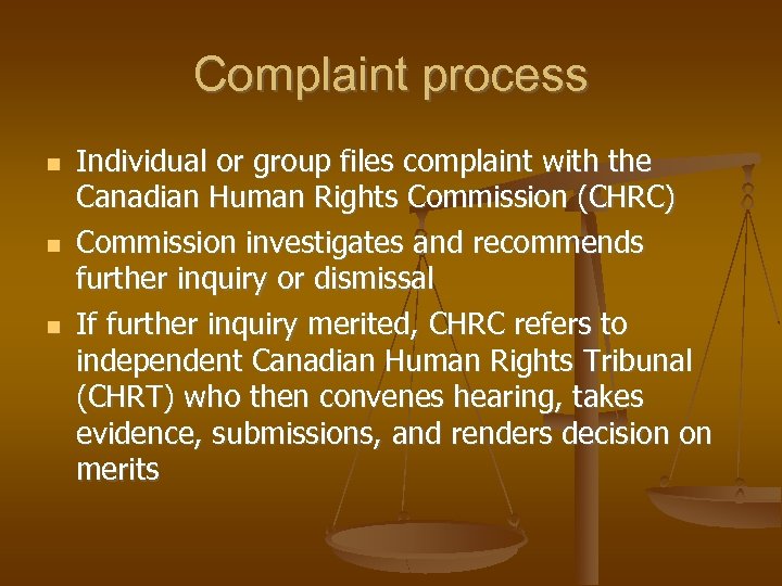 Complaint process Individual or group files complaint with the Canadian Human Rights Commission (CHRC)