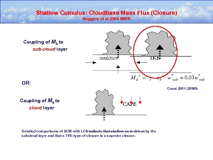 Shallow Cumulus: Cloudbase Mass Flux (Closure) Neggers et al 2004 MWR Coupling of Mb