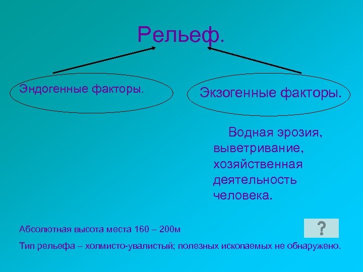Рельеф. Эндогенные факторы. Экзогенные факторы. Водная эрозия, выветривание, хозяйственная деятельность человека. Абсолютная высота места