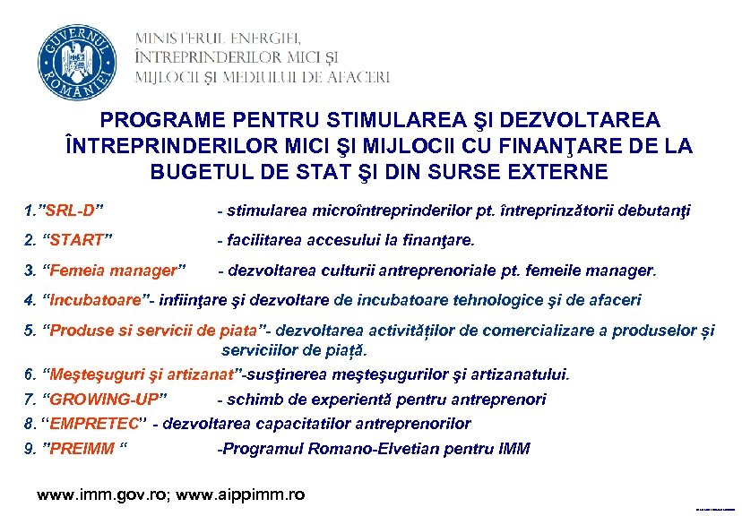 PROGRAME PENTRU STIMULAREA ŞI DEZVOLTAREA ÎNTREPRINDERILOR MICI ŞI MIJLOCII CU FINANŢARE DE LA BUGETUL