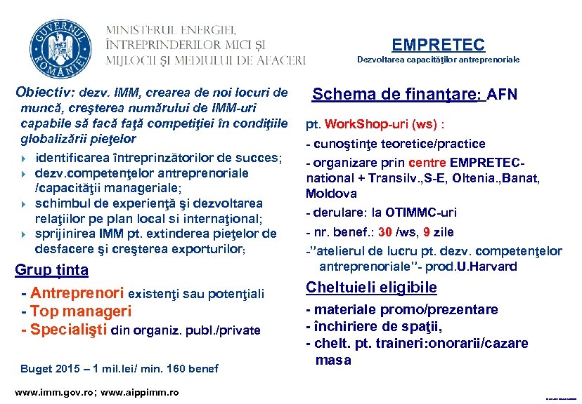 EMPRETEC Dezvoltarea capacităţilor antreprenoriale Obiectiv: dezv. IMM, crearea de noi locuri de muncă, creşterea