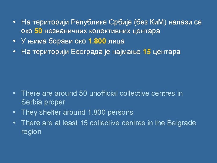  • На територији Републике Србије (без Ки. М) налази се око 50 незваничних