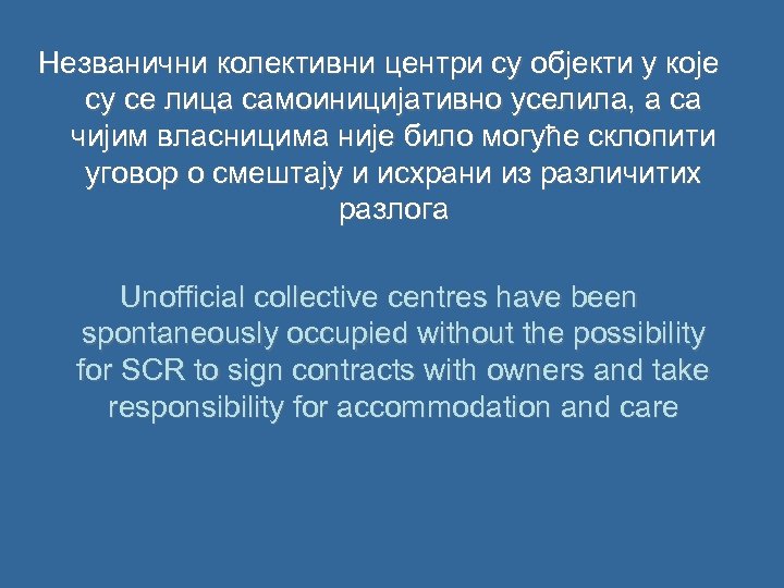 Незванични колективни центри су објекти у које су се лица самоиницијативно уселила, а са