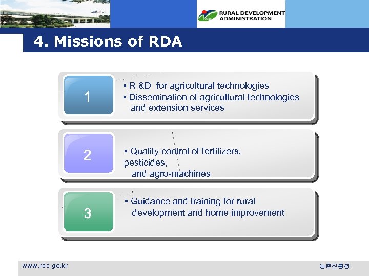 4. Missions of RDA 1 2 3 www. rda. go. kr • R &D