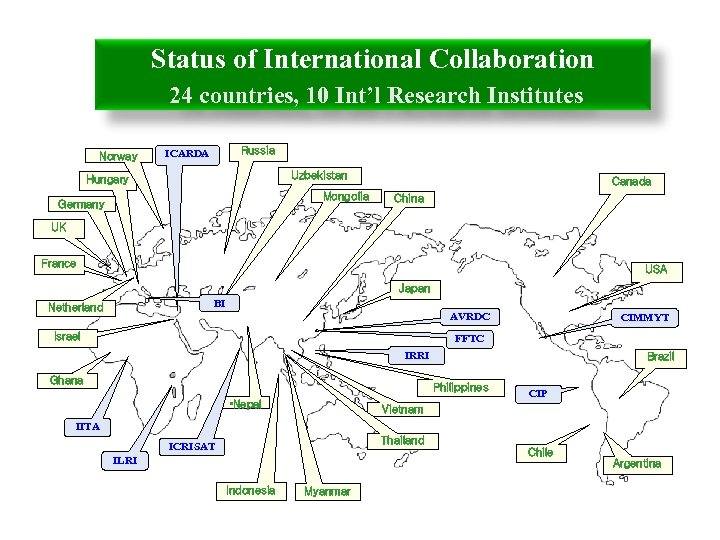 Status of International Collaboration 24 countries, 10 Int’l Research Institutes Norway Russia ICARDA Uzbekistan