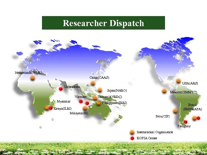 Researcher Dispatch Netherlands(WUR) China(CAAS) Uzbekistan Vietnam Myanmar Kenya(ILRI) Malaysia(BI) USA(ARS) Japan(NARO) Mexico(CIMMYT) Taiwan(AVRDC) Philippines(IRRI)