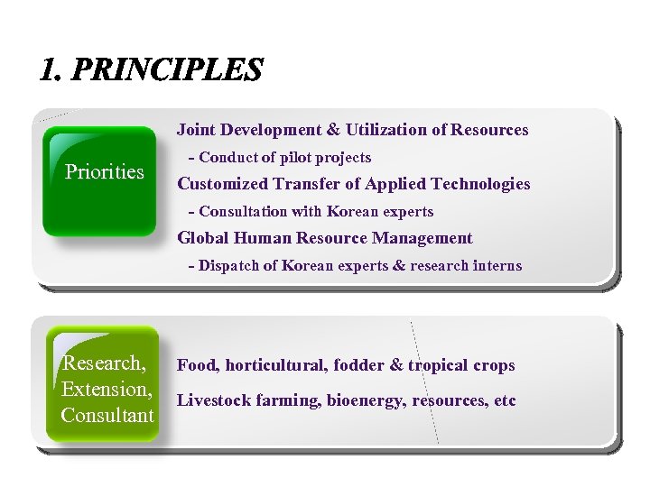 Joint Development & Utilization of Resources Priorities - Conduct of pilot projects Customized Transfer