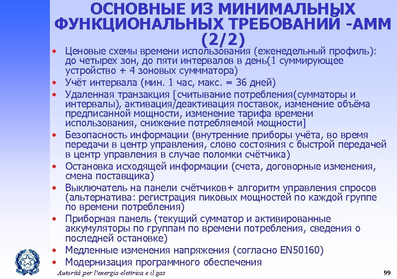 ОСНОВНЫЕ ИЗ МИНИМАЛЬНЫХ ФУНКЦИОНАЛЬНЫХ ТРЕБОВАНИЙ -AMM (2/2) • Ценовые схемы времени использования (еженедельный профиль):