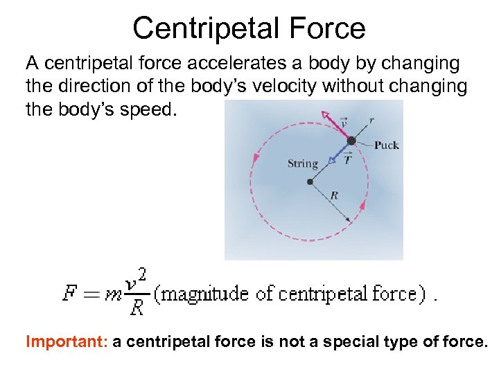 Centripetal Force A centripetal force accelerates a body by changing the direction of the