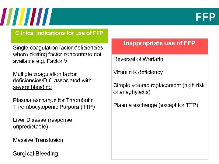 FFP Clinical indications for use of FFP Single coagulation factor deficiencies where clotting factor