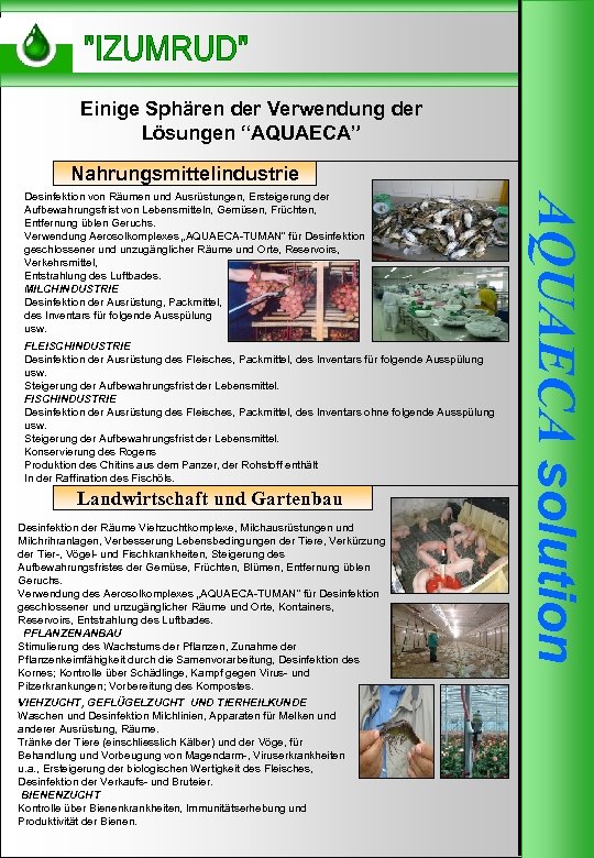 Einige Sphären der Verwendung der Lösungen “AQUAECA” Nahrungsmittelindustrie FLEISCHINDUSTRIE Desinfektion der Ausrüstung des Fleisches,