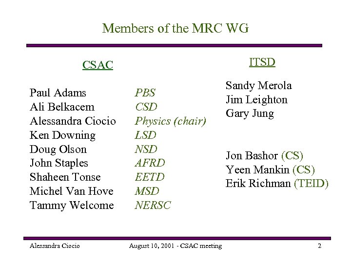 Members of the MRC WG ITSD CSAC Paul Adams Ali Belkacem Alessandra Ciocio Ken