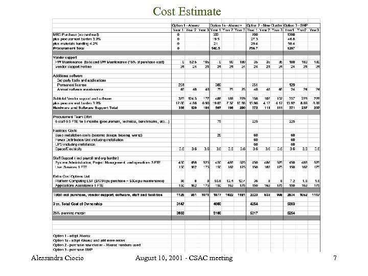 Cost Estimate Alessandra Ciocio August 10, 2001 - CSAC meeting 7 