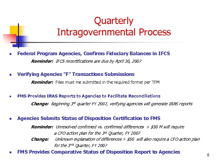 Quarterly Intragovernmental Process n Federal Program Agencies, Confirms Fiduciary Balances in IFCS Reminder: IFCS