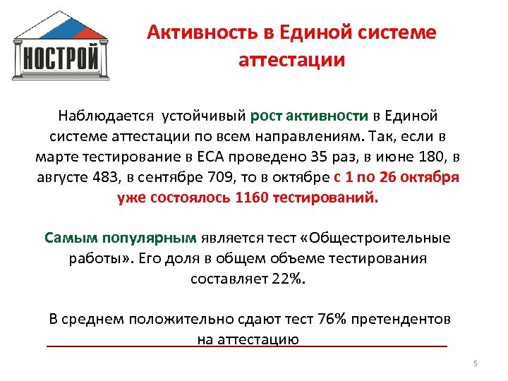 Активность в Единой системе аттестации Наблюдается устойчивый рост активности в Единой системе аттестации по