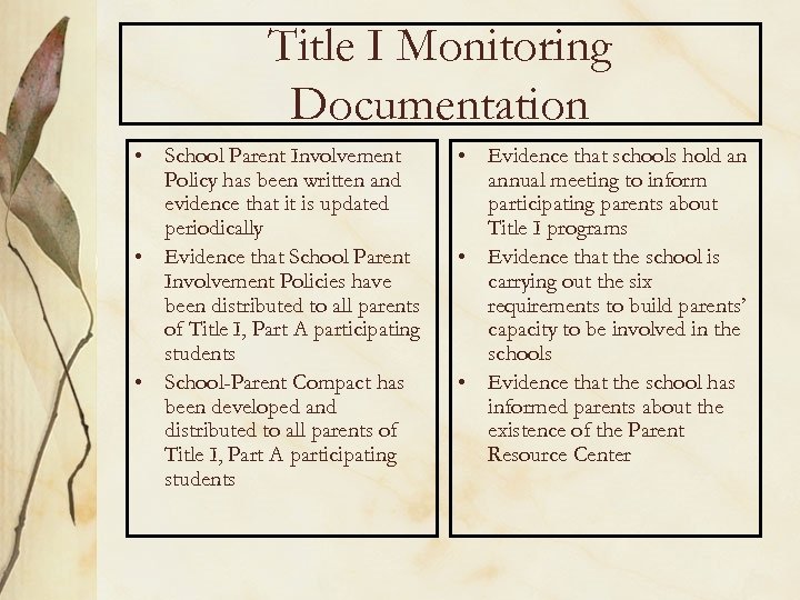 Title I Monitoring Documentation • School Parent Involvement Policy has been written and evidence