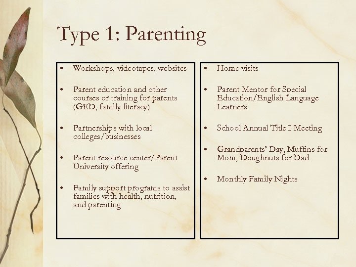 Type 1: Parenting • Workshops, videotapes, websites • Home visits • Parent education and
