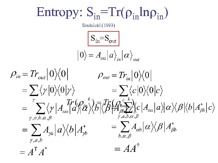 Entropy: Sin=Tr( inln in) Srednicki (1993) Sin=Sout 