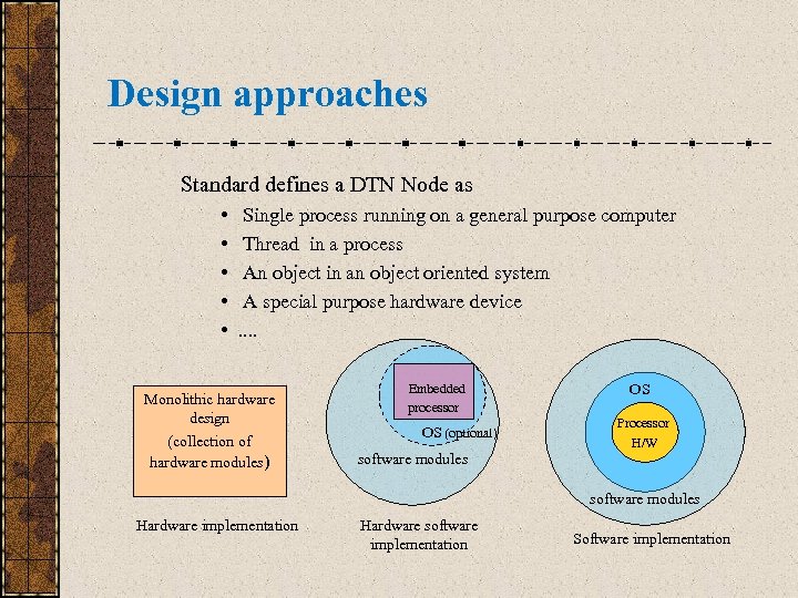 Design approaches Standard defines a DTN Node as • • • Single process running