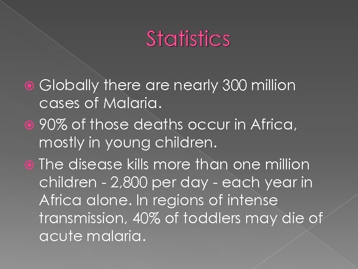 Statistics Globally there are nearly 300 million cases of Malaria. 90% of those deaths
