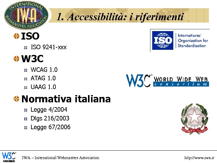 1. Accessibilità: i riferimenti ISO 9241 -xxx W 3 C WCAG 1. 0 ATAG