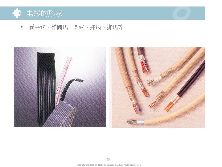 电线的形状 • 扁平线、椭圆线、圆线、并线、排线等 69 Copyright © 2008 SINBON Electronics Co. , Ltd. All rights