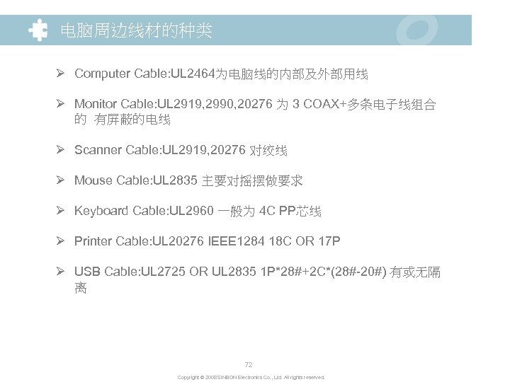 电脑周边线材的种类 Ø Computer Cable: UL 2464为电脑线的内部及外部用线 Ø Monitor Cable: UL 2919, 2990, 20276 为