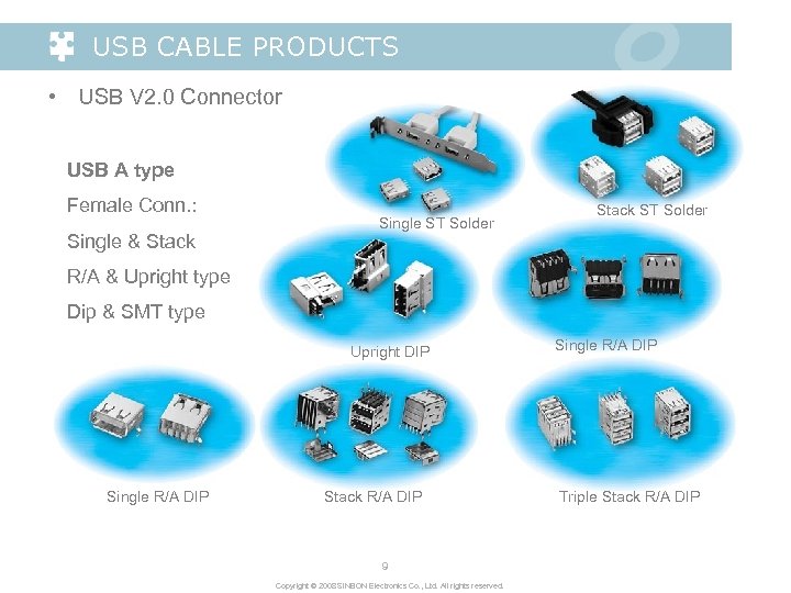 USB CABLE PRODUCTS • USB V 2. 0 Connector USB A type Female Conn.