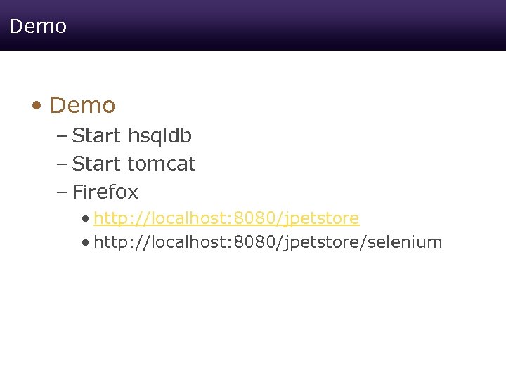Demo • Demo – Start hsqldb – Start tomcat – Firefox • http: //localhost: