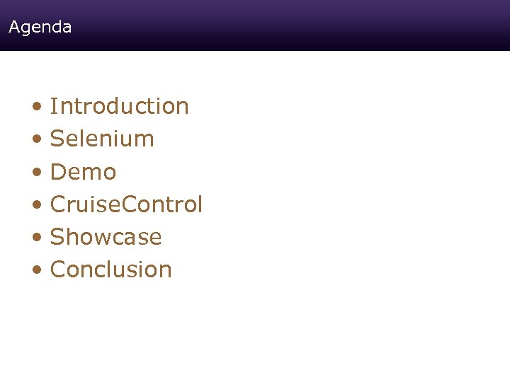 Agenda • Introduction • Selenium • Demo • Cruise. Control • Showcase • Conclusion