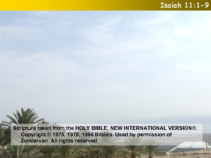Isaiah 11: 1 -9 Scripture taken from the HOLY BIBLE, NEW INTERNATIONAL VERSION®. Copyright
