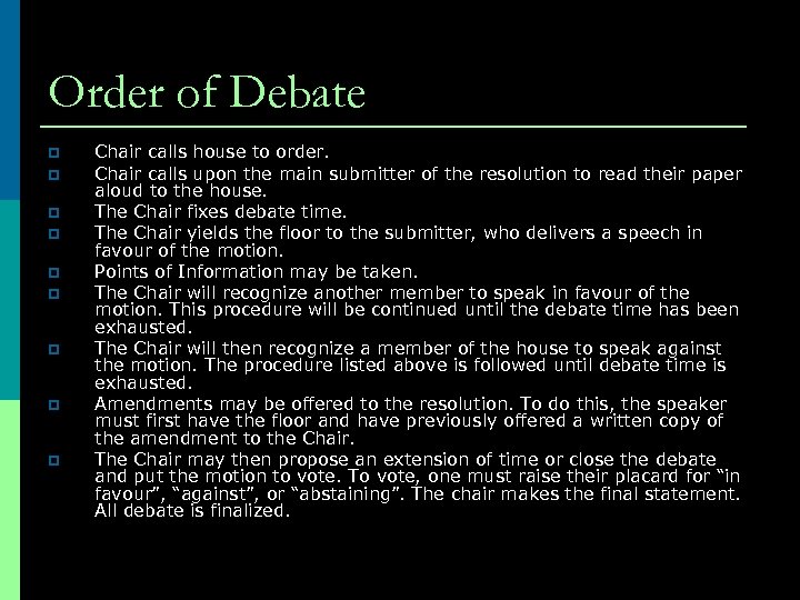 Order of Debate p p p p p Chair calls house to order. Chair