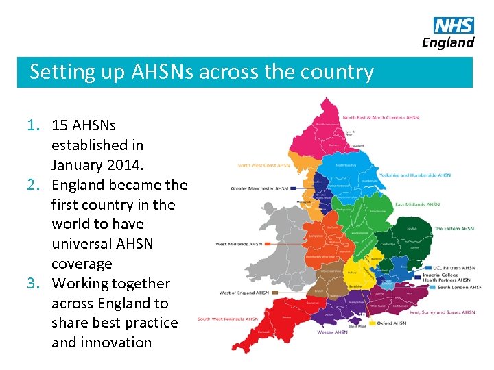 Setting up AHSNs across the country 1. 15 AHSNs established in January 2014. 2.